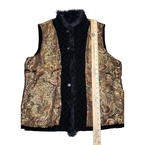Reversible Quilted Velvet Paisley Vest by Chico’s, Rabbit Fur Collar, Sz M VTG - Picture 9 of 10